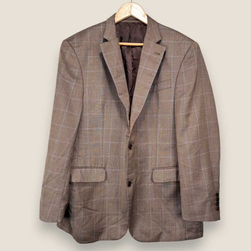 Carl Gross Silk Wool Sport Coat Jacket Men 42R Brown Blue Check 2 Button